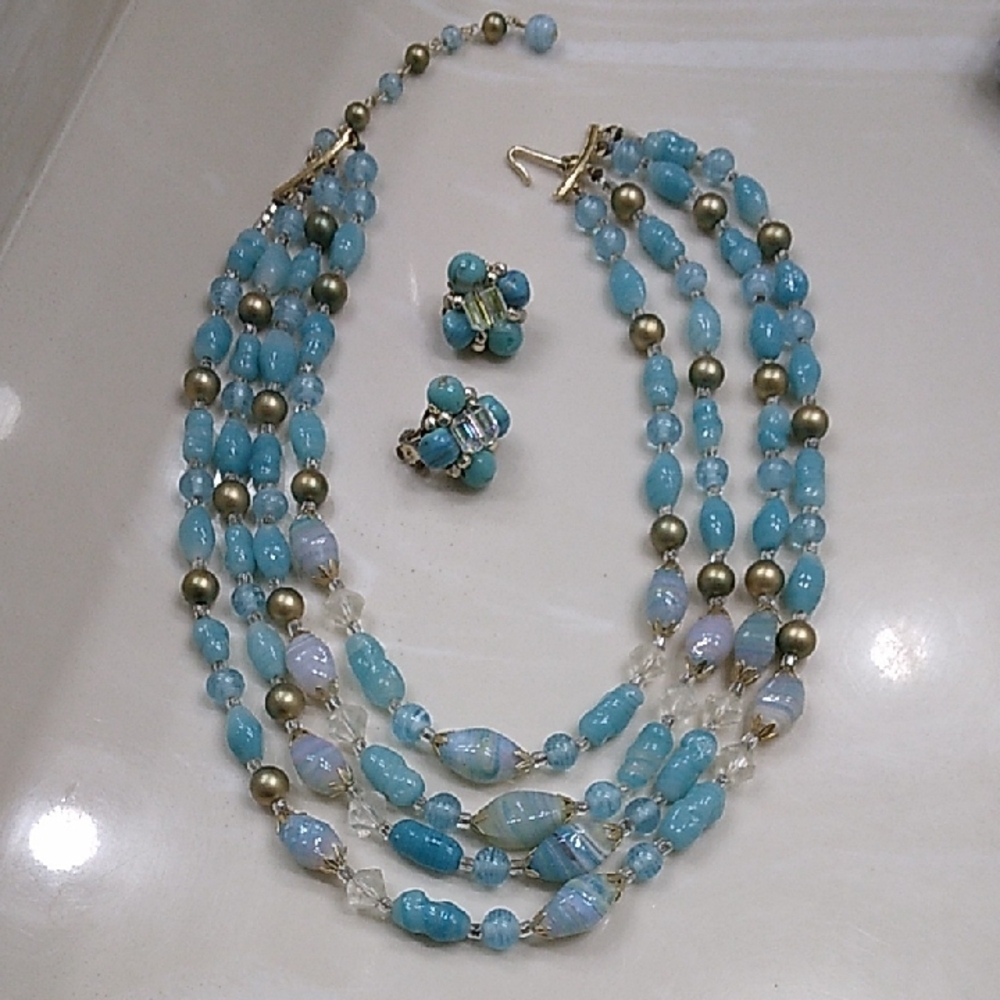 Vintage Gold Multi-Strand Turquoise Glass Beaded Necklace and Earrings Set